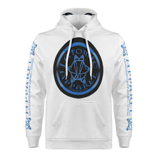 Load image into Gallery viewer, IAtomic Apparels White Infamous Blue Black Warm Currents Unisex Hoodie