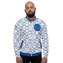 Load image into Gallery viewer, IAtomic Apparel&#39;s White Infamous Blue Unisex Bomber Jacket