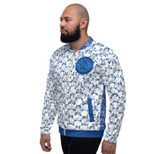 Load image into Gallery viewer, IAtomic Apparel&#39;s White Infamous Blue Unisex Bomber Jacket