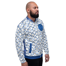 Load image into Gallery viewer, IAtomic Apparel&#39;s White Infamous Blue Unisex Bomber Jacket