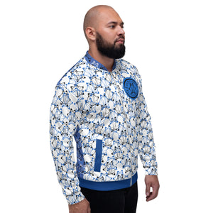 IAtomic Apparel's White Infamous Blue Unisex Bomber Jacket